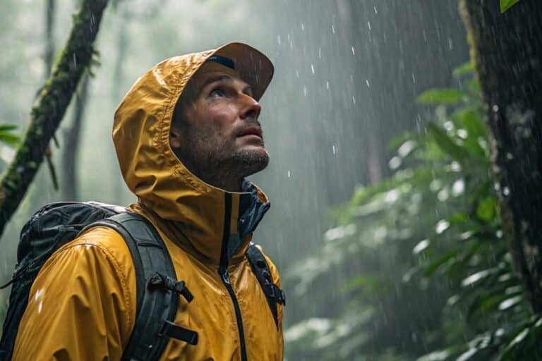 Hiker wearing yellow rain waterproof 3-layer jacket in forest